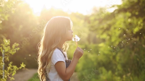 Little cute girl blowing a dandelion. Rest at nature.