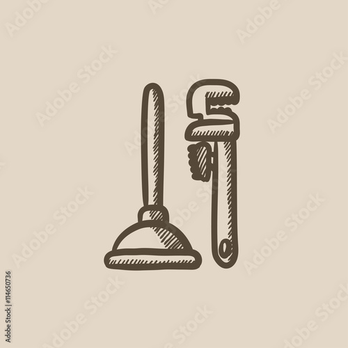 Pipe wrenches and plunger sketch icon.
