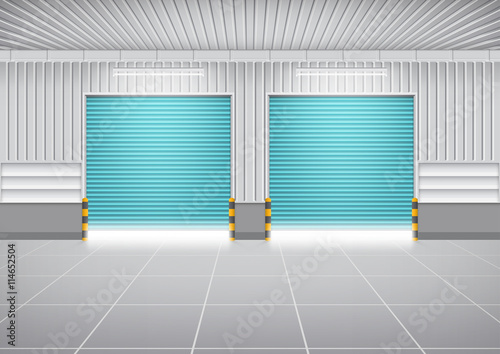 Roller door or roller shutter. Also called security door or security shutter. For protect residential, commercial and industrial building i.e. house, factory, warehouse, hangar. Vector illustration.