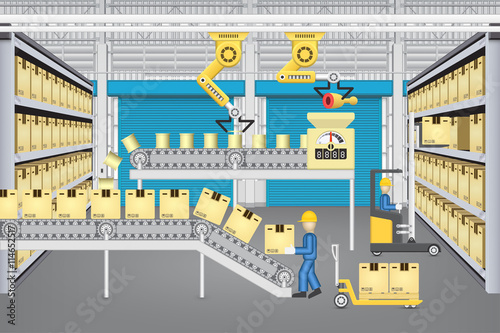 Manufacturing production, food process industry with box, automated machine i.e. conveyor belt, production line, robot inside factory plant, warehouse. Include operator, forklift. Vector illustration.