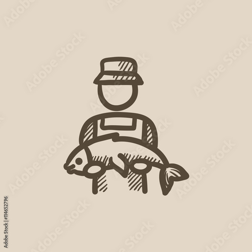 Fisherman with big fish sketch icon.