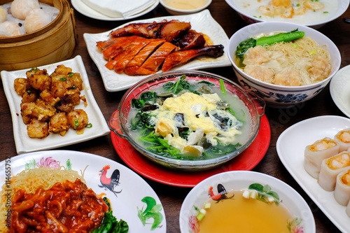 A typical chinese food meal on the table
