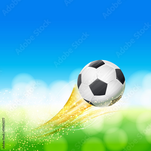 flying soccer ball over green and blue landscape with glittering