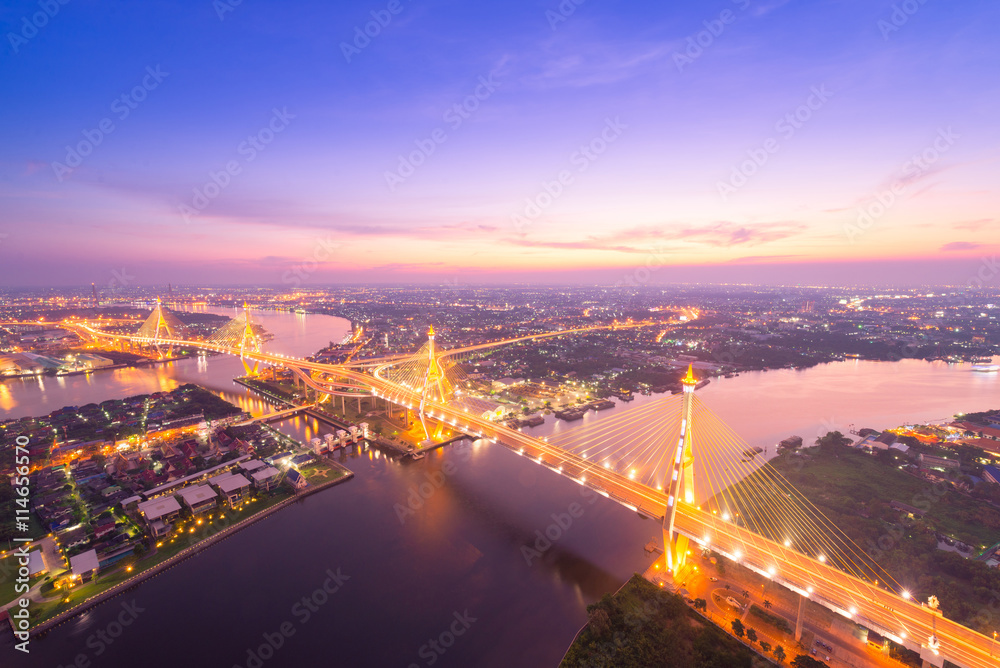 Top view of Bhumibol bridge in Bangkok, Thailand.