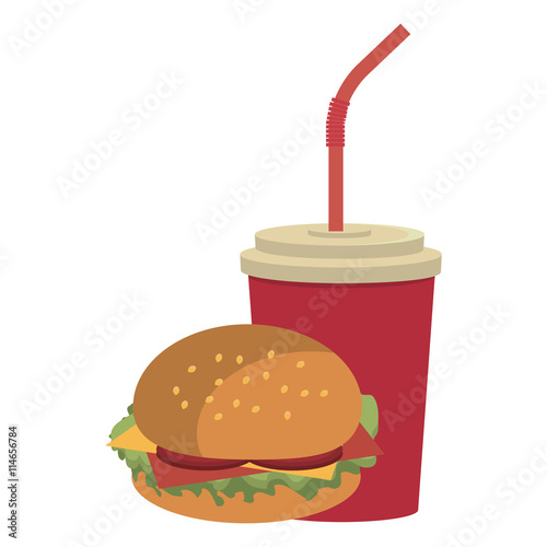 red cup nd straw with burger front view over isolated background, fast food concept, vector illustration 