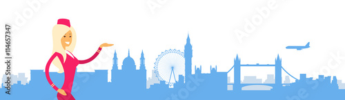 Stewardess In Uniform Open Palm To London City View