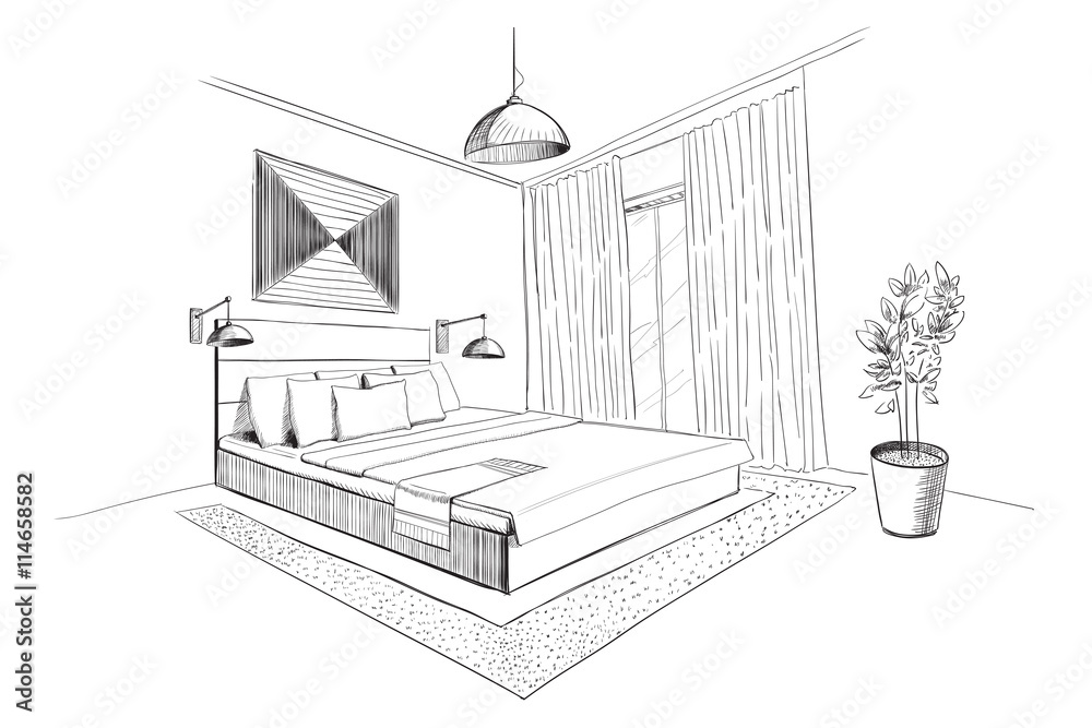 Hand drawn illustration of bedroom interior design colored sketch  background Stock Photo  Alamy