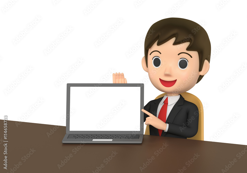 3D illustration character - The business man who talks while showing a note PC.