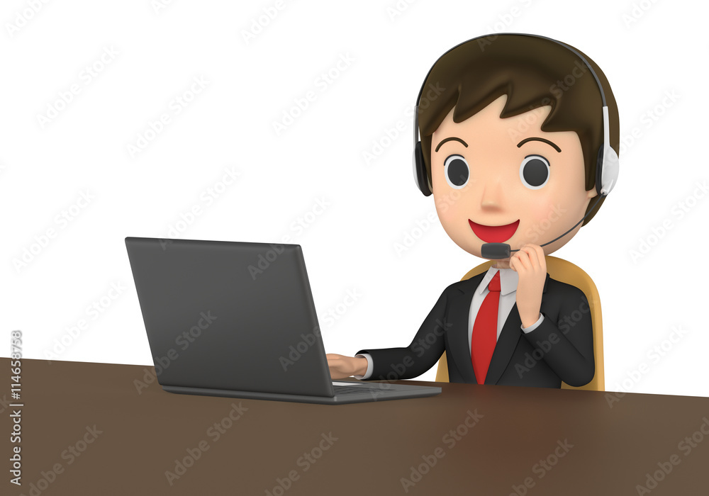 3D illustration character - The business man who talks while watching a note PC. 3D illustration character - The business man who talks while watching a note PC.
