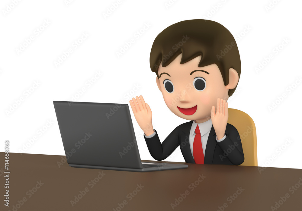 3D illustration character - The businessman who looks at and is pleased with note PC.