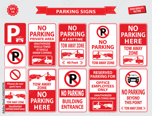 Car Parking Sign (car parking area, no parking in front of the building, office employee only, unauthorized vehicles towed away, building entrance). easy to modify.
