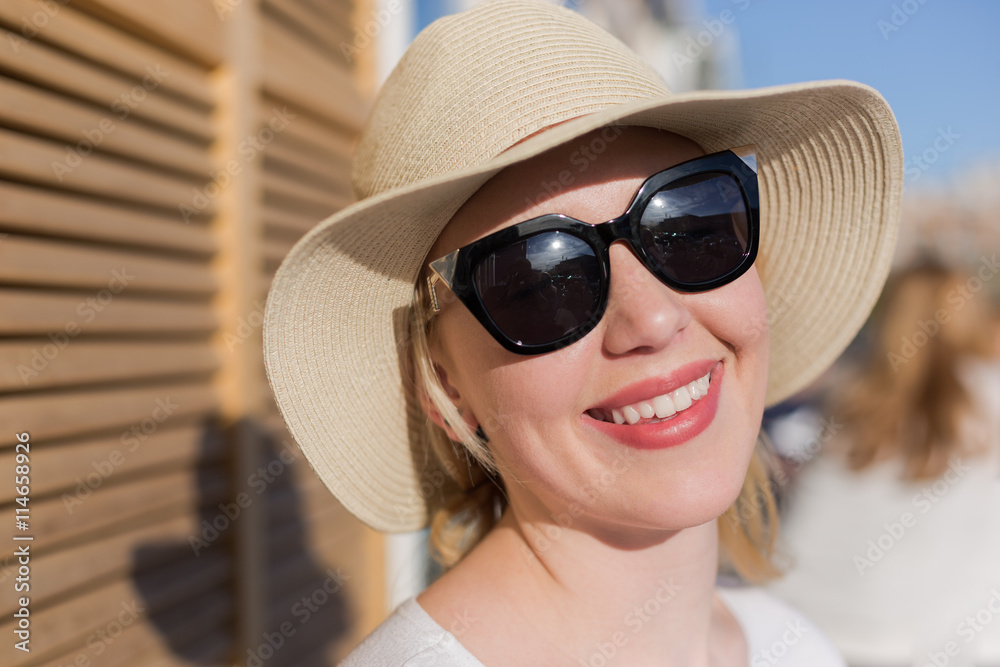 Holidays and vacation. Lovely cute woman tourist enjoying free t Holidays and vacation. Lovely cute woman tourist enjoying free t