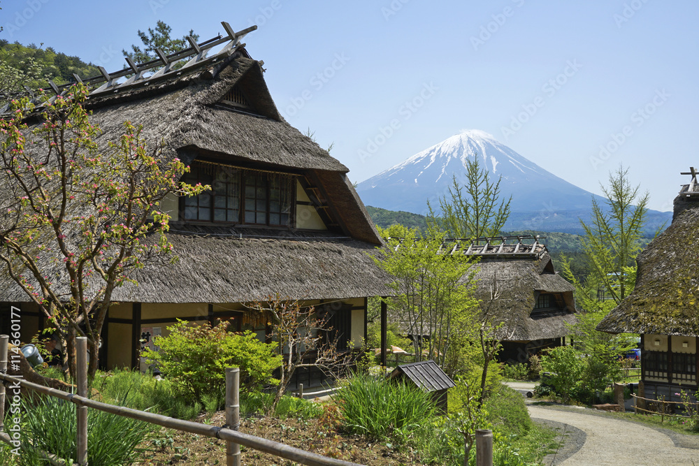 Old Japanese village and Mt.Fuji in Japan.
