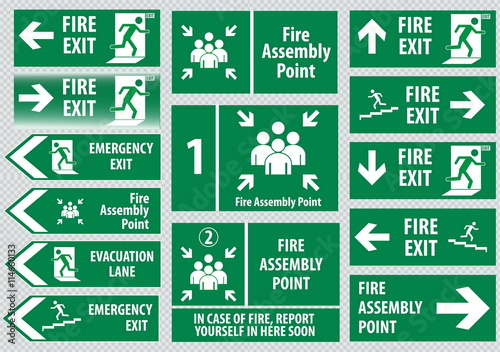 Set of emergency exit Sign (fire exit, emergency exit, fire assembly point, evacuation lane).