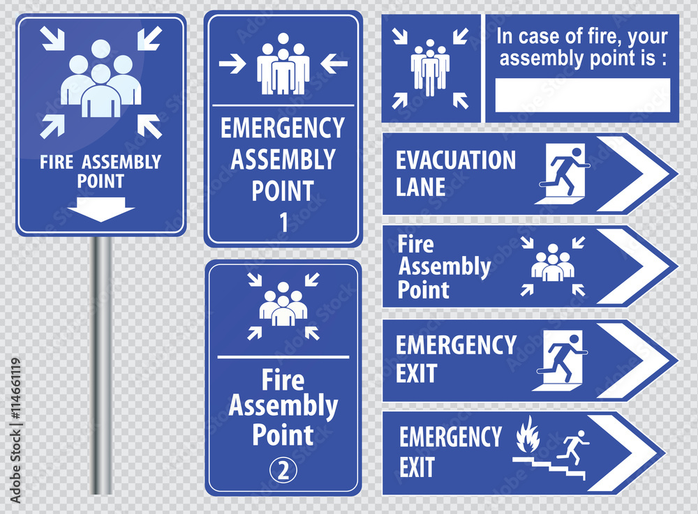 Set of emergency exit Sign (fire exit, emergency exit, fire assembly ...