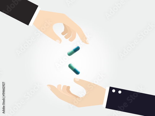 businessman or manager giving pill to coworker or another