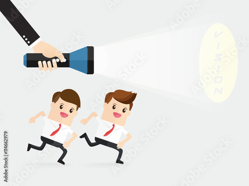businessman or manager holding flashlight project light rays signal spotlight with text vision and employee running to target