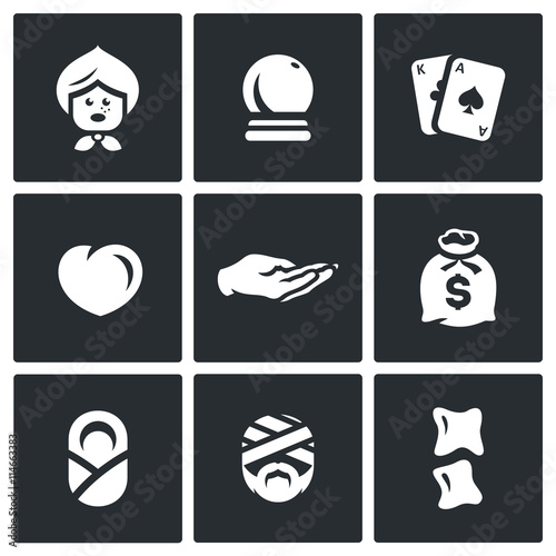 Vector Set of The Seer and Healer Icons. Grandma, Magic Ball, Tarot, Love, Divination palm, Wealth, Midwife, Healing, Chiropractic.
