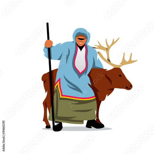 Eskimo with a Deer. Vector Cartoon Illustration.