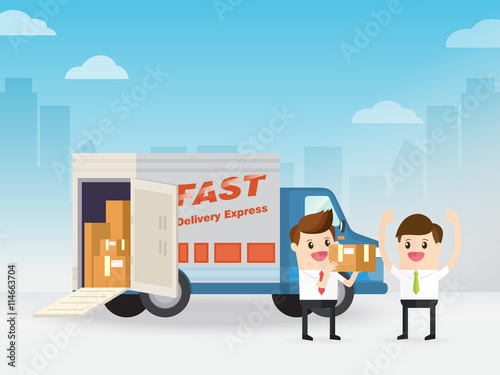 delivery man or postman or businessman sending a box to customer with goods on semi container truck