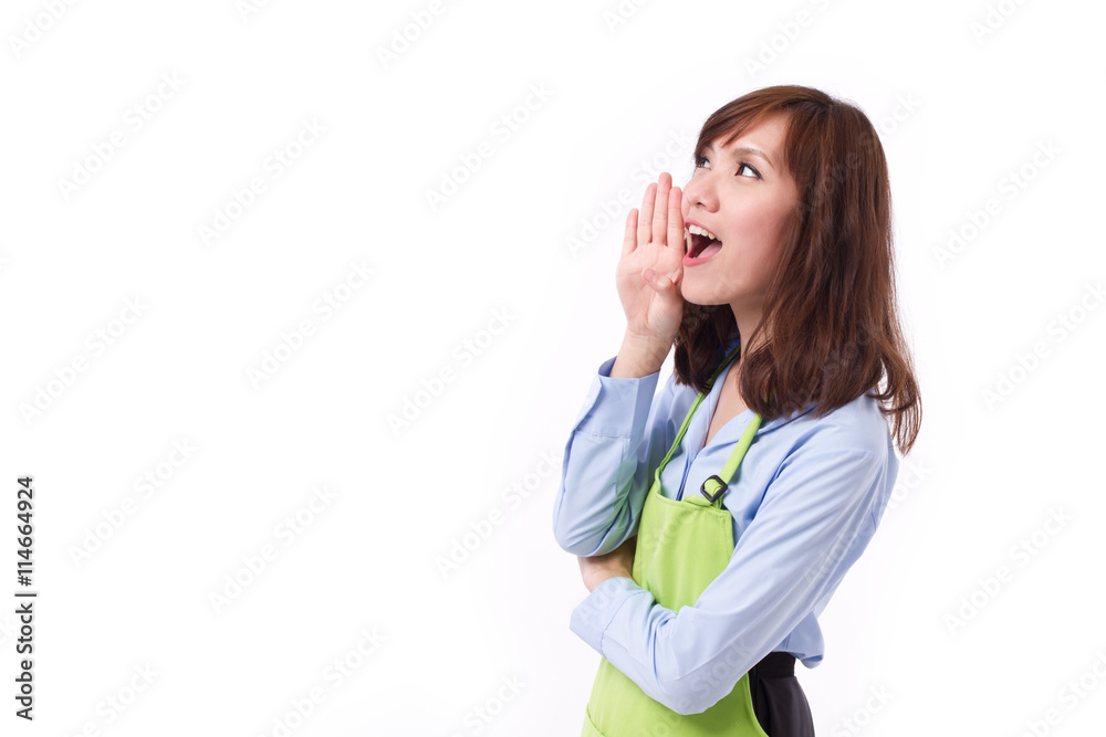 happy smiling woman with apron shouting, speaking, communicating happy smiling woman with apron shouting, speaking, communicating