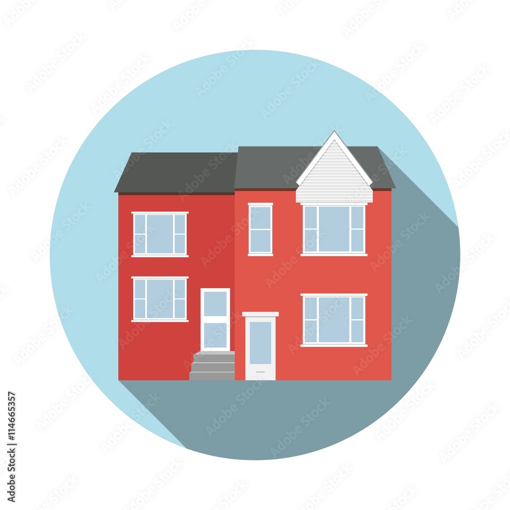 Duplex house flat icon with long shadow. Circle frame