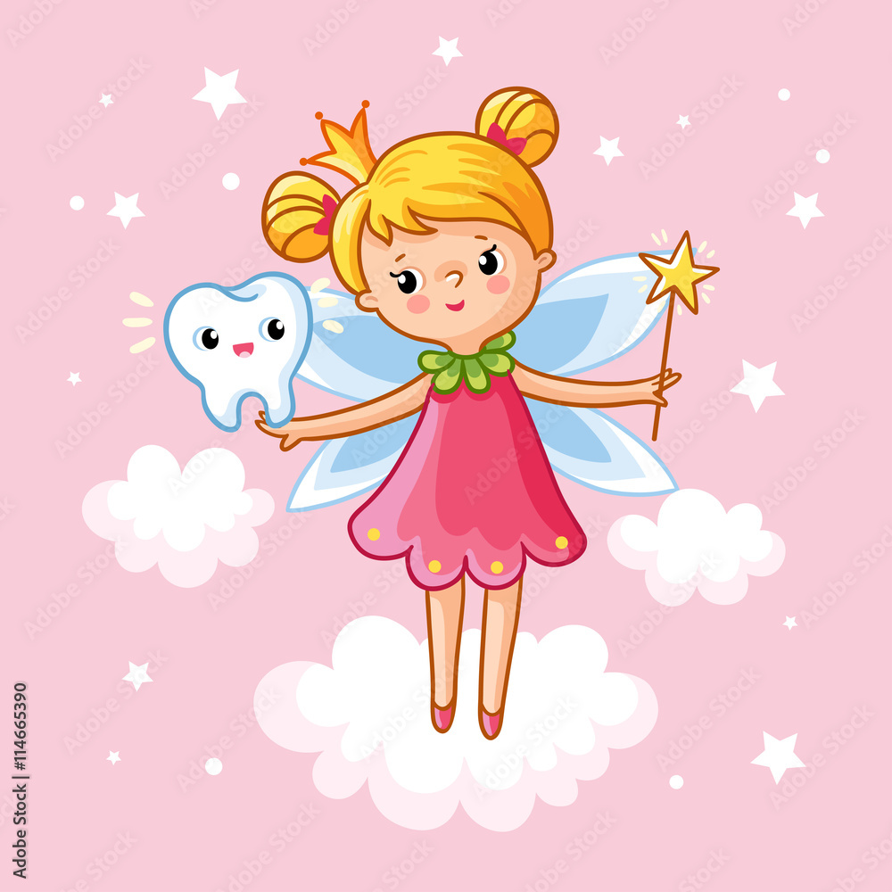 The little girl princess with a magic wand and tooth among the clouds on a pink background. Vector illustration on the theme of children. Tooth Fairy in the clouds. Magic. The little girl princess with a magic wand and tooth among the clouds on a pink background. Vector illustration on the theme of children. Tooth Fairy in the clouds. Magic.