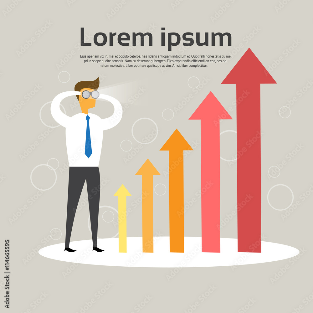 Business Man With Binoculars Look At Financial Graph Arrow Up Business Man With Binoculars Look At Financial Graph Arrow Up