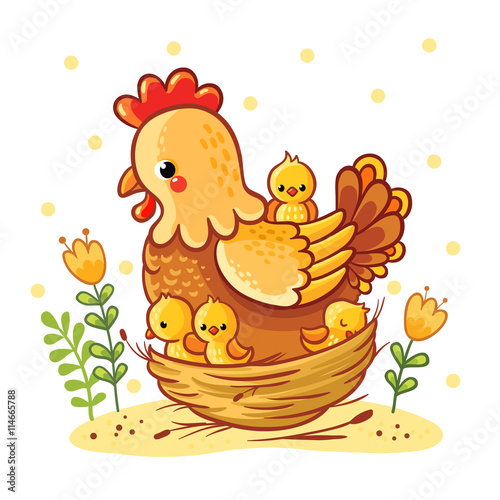 Cartoon hen and chickens isolated on background. Farm. Chicken family. Hen and chickens vector isolated