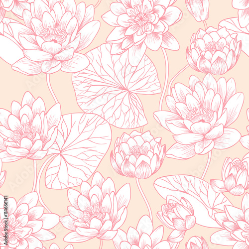 Flowers of water lilies. Vector seamless pattern 
