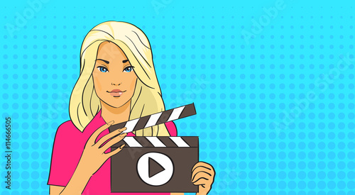 Blonde Girl Hold Flapper Video Blogger Pop Art Retro Style