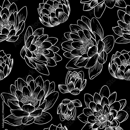 Water lily on a black background.Vector seamless pattern 