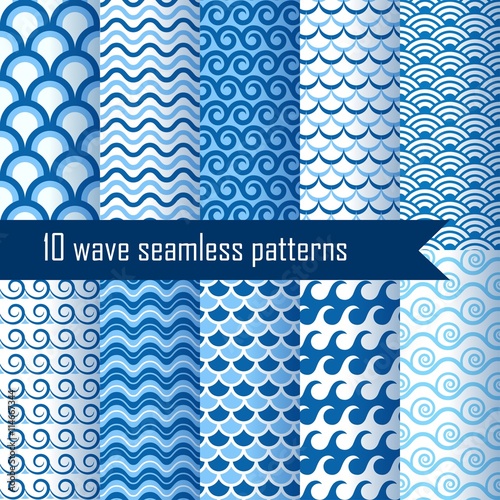 Set seamless patterns with wave. Marine theme