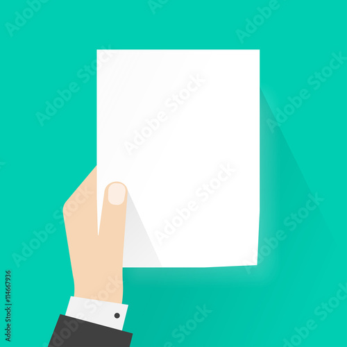 Hand holding paper mockup empty a4 document blank template vector illustration, business man with blank sheet letter page copy space text, concept attention, announcement frame flat design isolated 