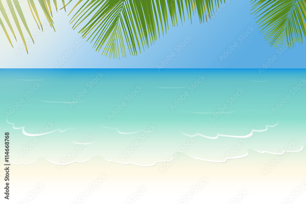 Sandy beach with crystal clear sea and palm tree leaves