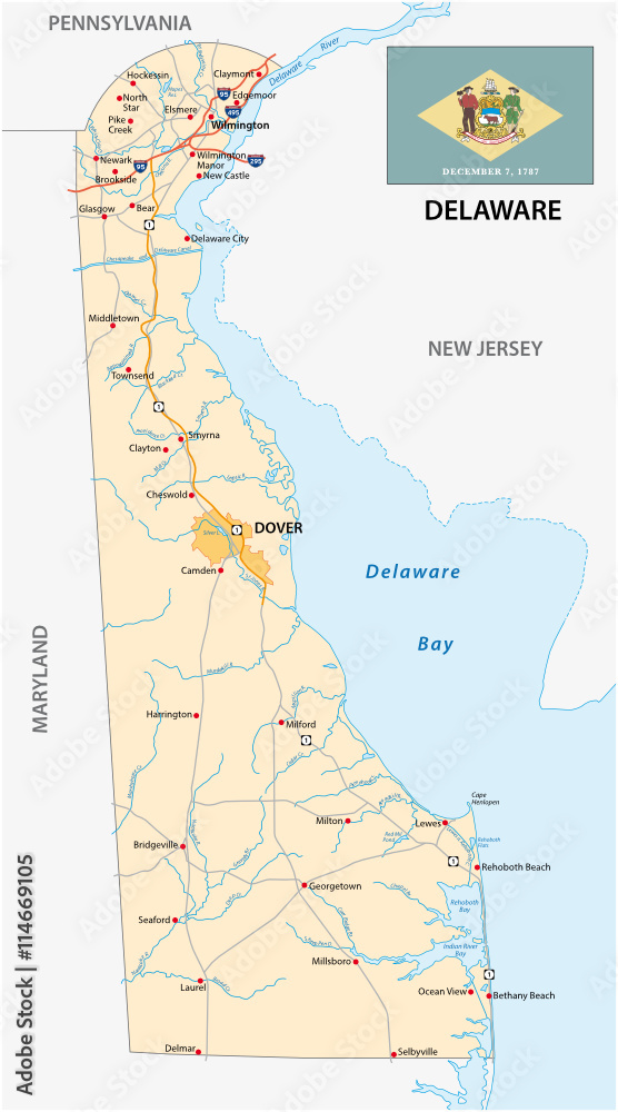 road map of the US state delaware with flag