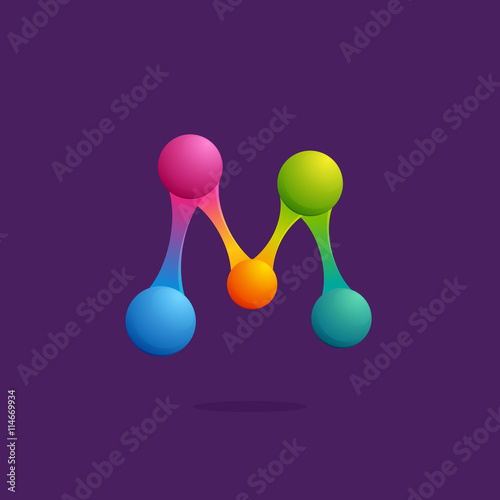 Letter M logo with colorful spheres or dots and lines.