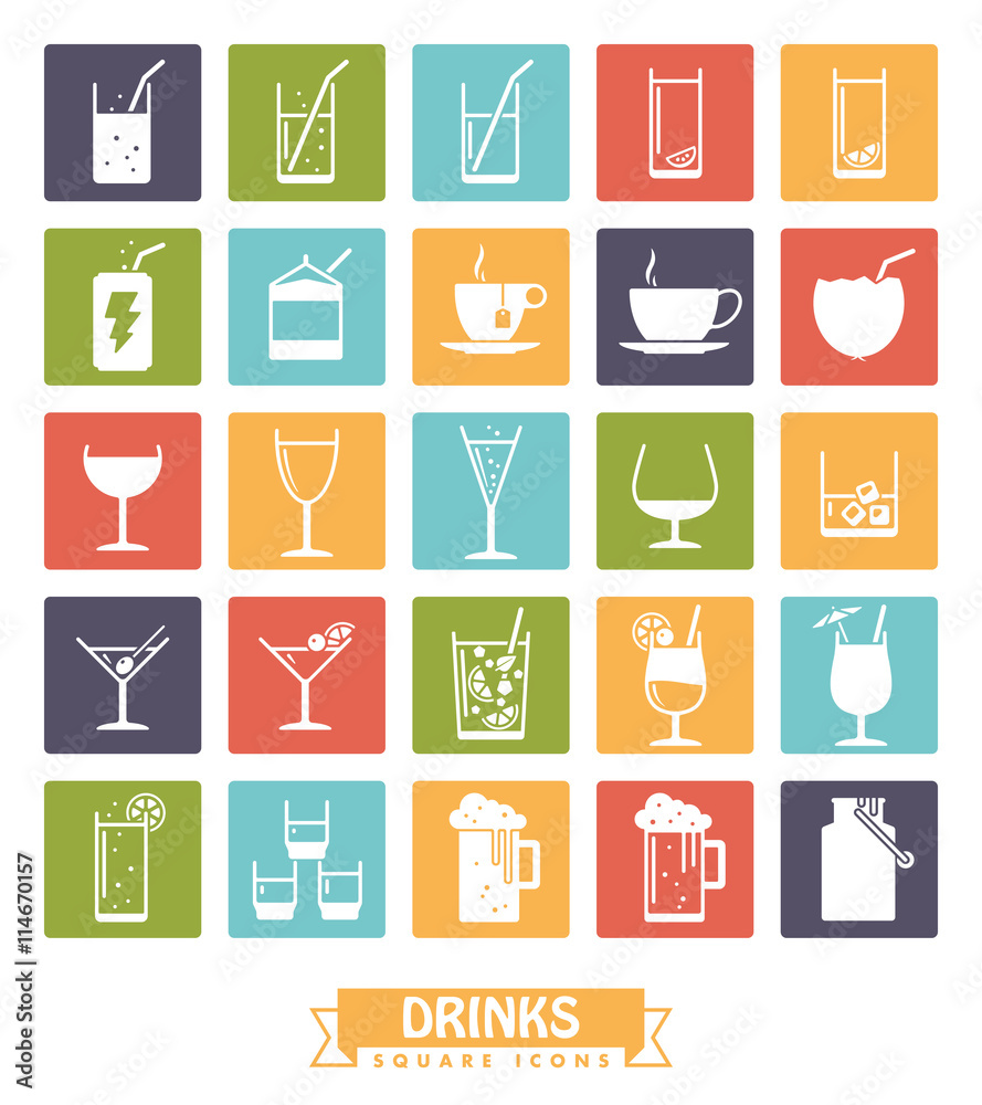 drinks and beverages square color icons vector set.
