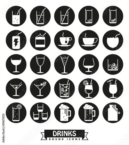 drinks and beverages round icons vector set.