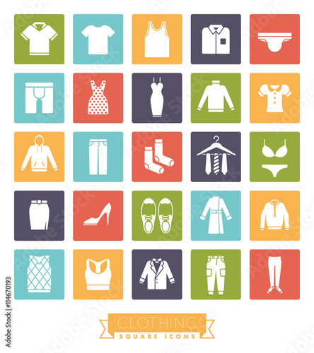 Clothing and Fashion Square Color Icon Set