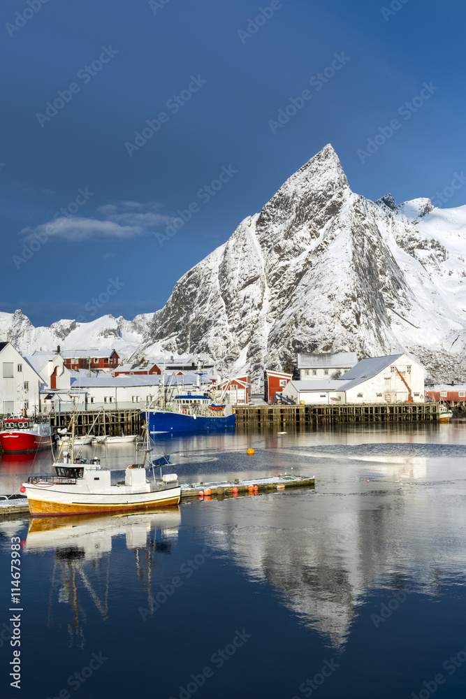 Small fishing harbor on Hamnoy Island during winter time, Lofote