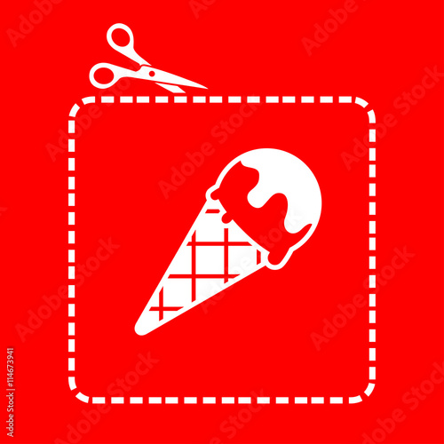 Icono plano tijeras cortando cupón con cornete helado en fondo rojo