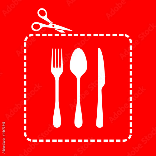 Icono plano tijeras cortando cupón con cubiertos en fondo rojo