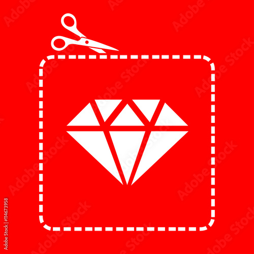 Icono plano tijeras cortando cupón con diamante en fondo rojo