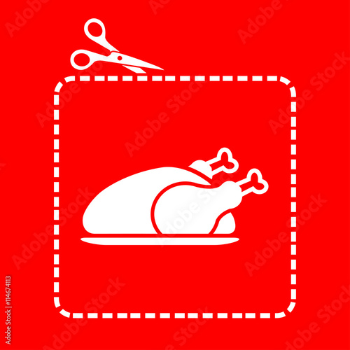 Icono plano tijeras cortando cupón con pollo asado en fondo rojo