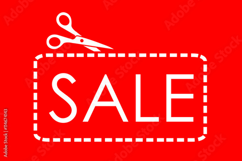 Icono plano tijeras cortando cupón con SALE en fondo rojo