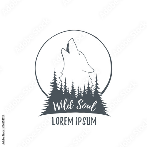 Wolf howling on the moon in the forest.