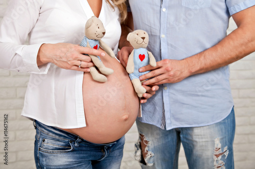 pregnant woman's belly. Mom and Dad hands holding two bear. twins.