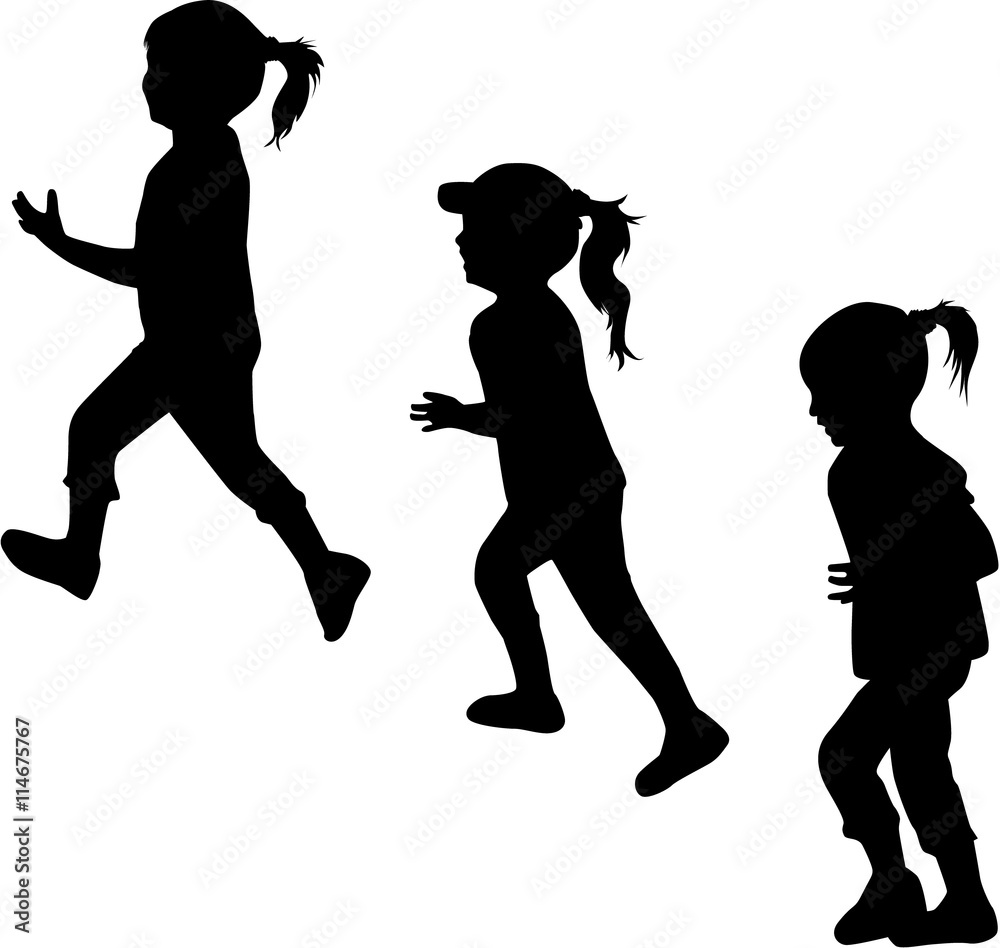 Children silhouettes running.