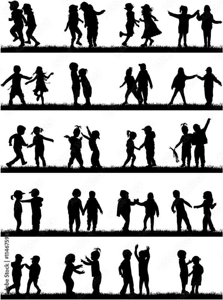 Silhouettes of children playing. Large group. Silhouettes of children playing. Large group.